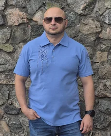 Прикольные футболки: Блакитне поло  з орнаментом синій та сірий